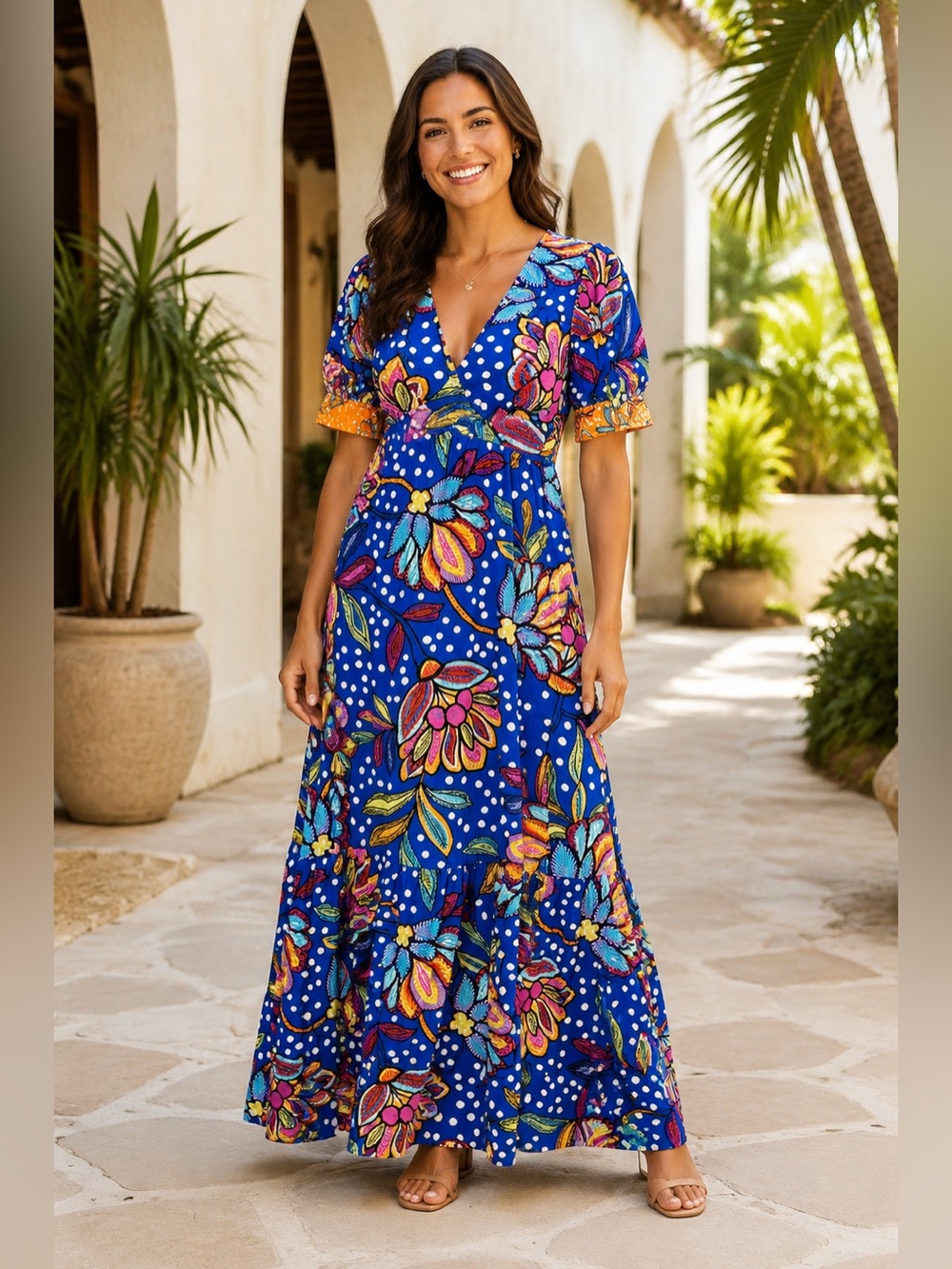 NWT Tabitha Brown x Target Blue Floral Polka Dot Puff Sleeve Maxi Dress 0